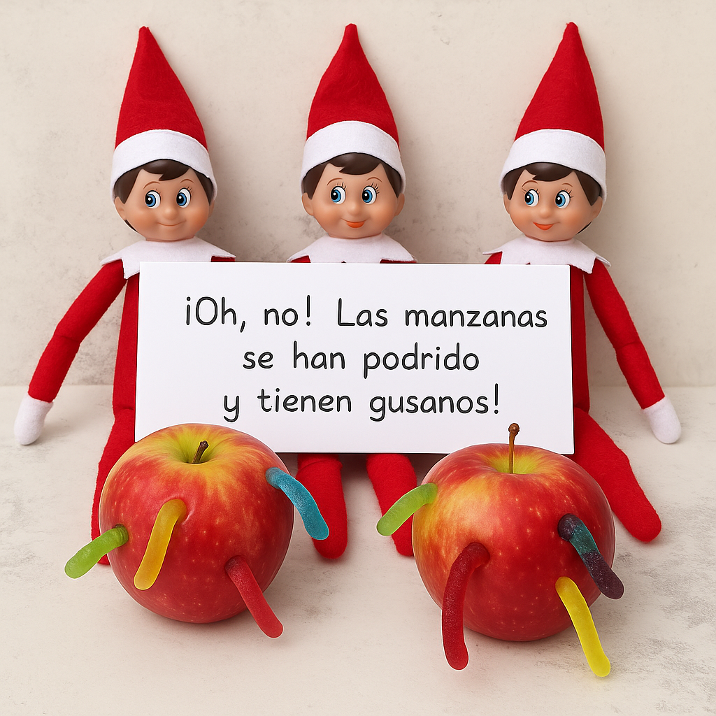 Elfo travieso Navidad manzanas podridas con gusanos
